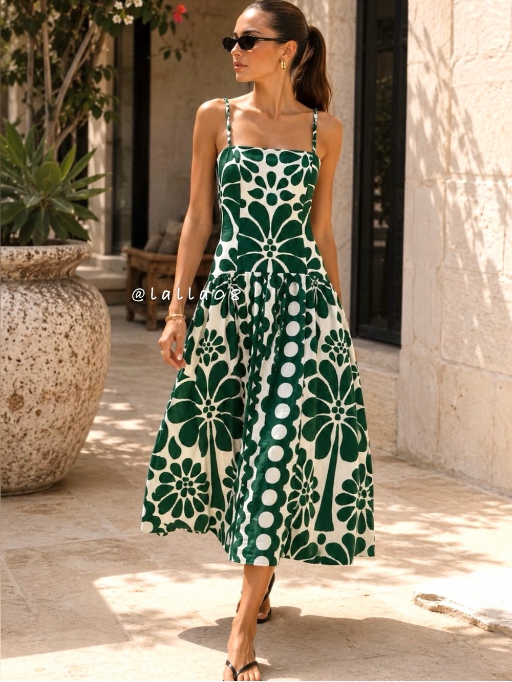 Caroline Constas Green and White Floral Linen Midi Dress